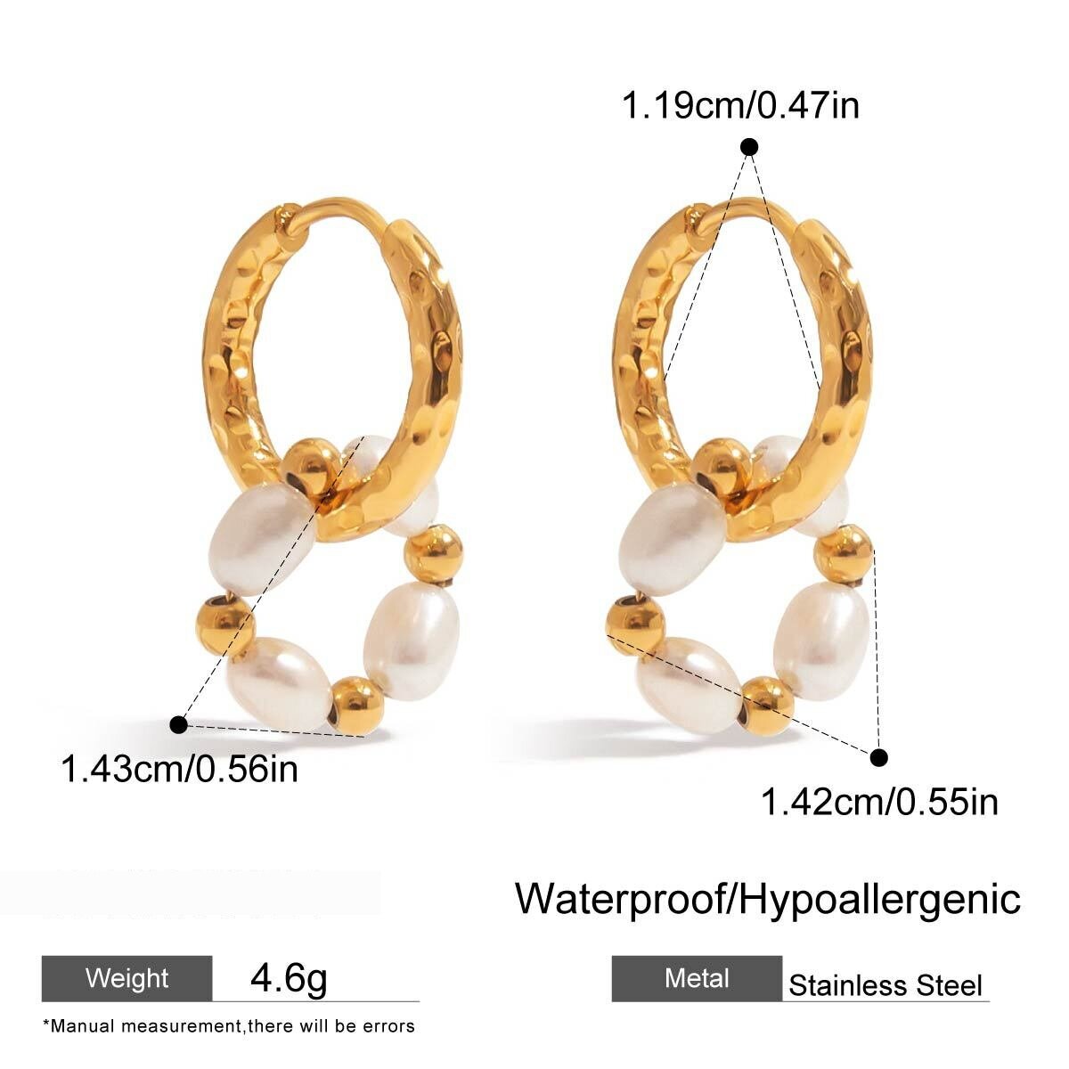 Retro Stainless Steel Waterproof  Gold Color Pearl Hoop Earrings Picture2