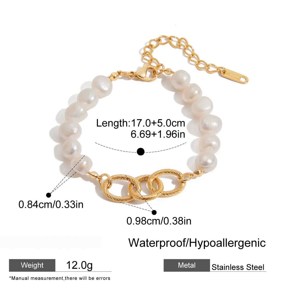 Elegant Stainless Steel Waterproof Gold Color Pearl Beaded Bracelet Picture2