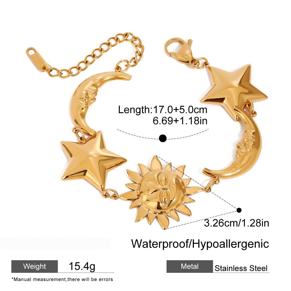 Retro Sun/Moon Stainless Steel Waterproof Gold Color Women's Charm Bracelets h5 