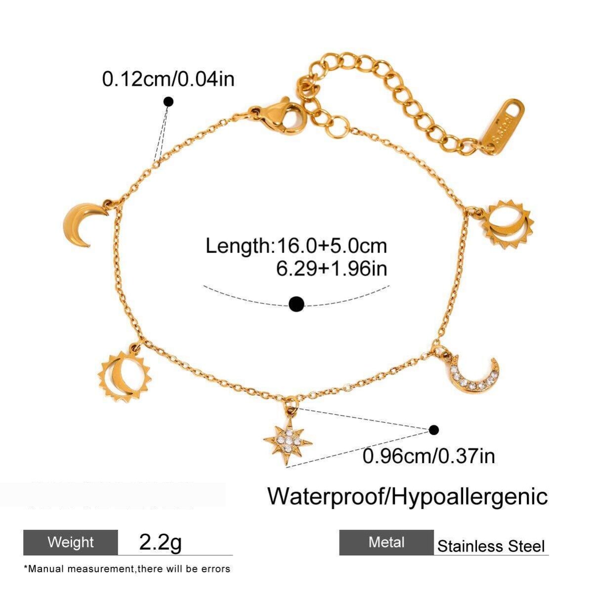 1 Piece Gold Color Stainless Steel Waterproof Moon & Star Women's Charm Bracelets 