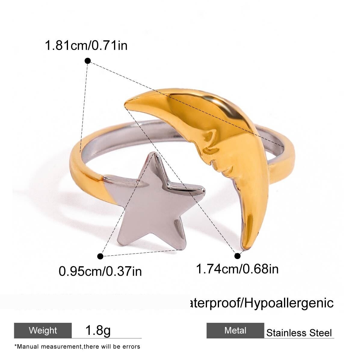 1 Piece Gold And Silver Colorblocking Stainless Steel Waterproof Star & Moon Women's Adjustable Rings 