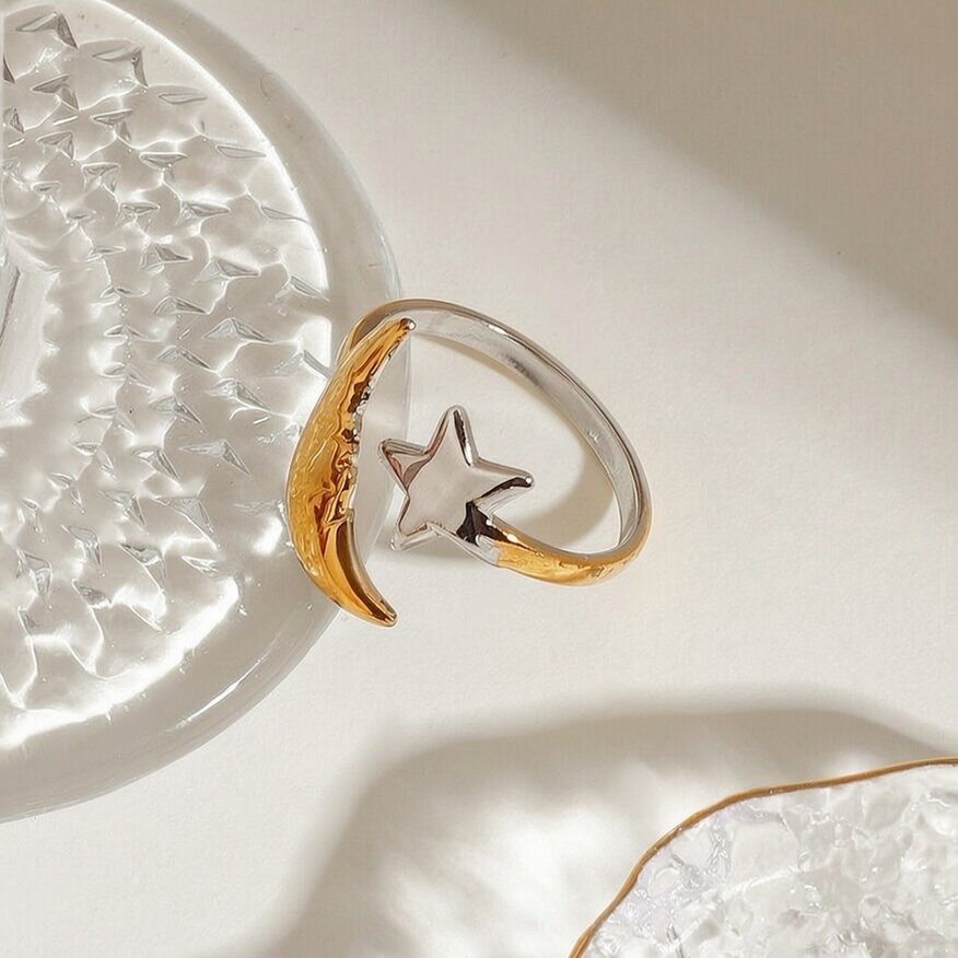 1 Piece Gold And Silver Colorblocking Stainless Steel Waterproof Star & Moon Women's Adjustable Rings h5 Picture2