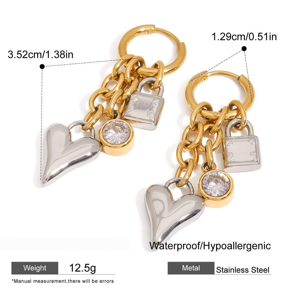 1 Pair  Heart & Block Stainless Steel Gold Color Women's Drop Earrings 