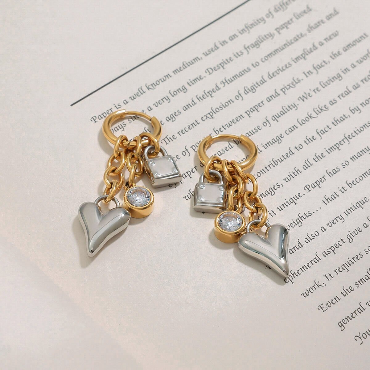 1 Pair  Heart & Block Stainless Steel Gold Color Women's Drop Earrings Picture2