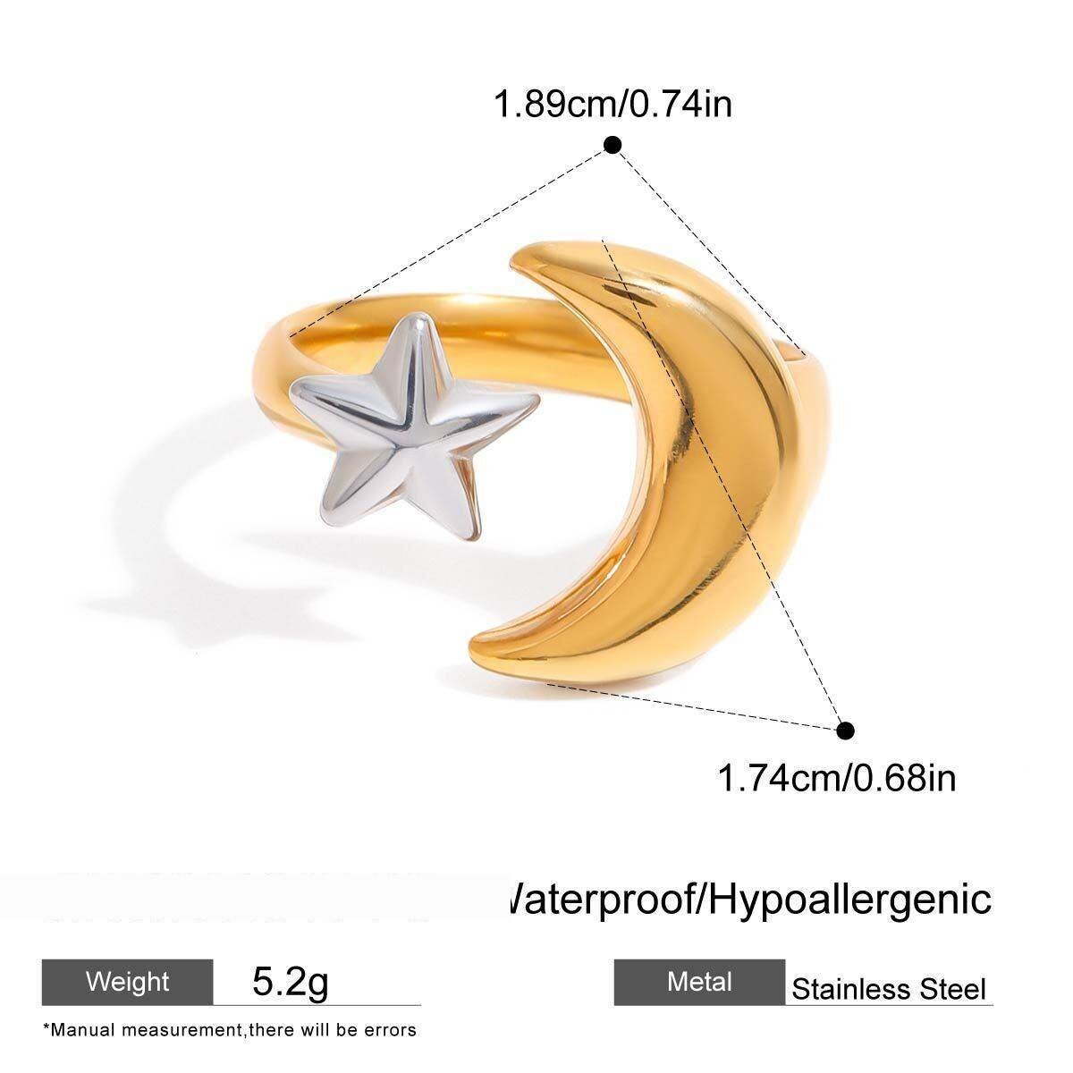 1 Piece Classic Series Moon And Star Stainless Steel Waterproof Gold & Silver Color Women's Single Rings 