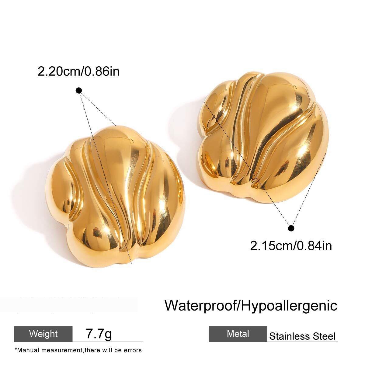 1 Paar Elegante Damen-Ohrstecker Aus Edelstahl Mit Wasserwellenstruktur, Wasserfest, Goldfarben 