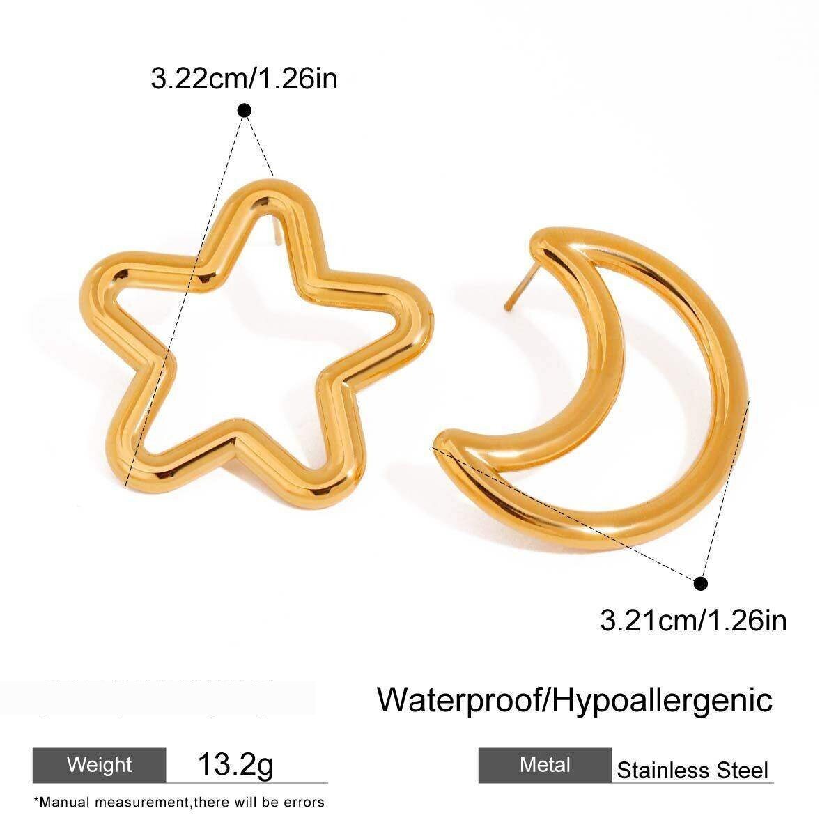 1 Paar Minimalistische Ohrstecker Aus Edelstahl, Klassisches Mond- Und Sternmotiv, Wasserfest, Goldfarben, Für Damen h5 