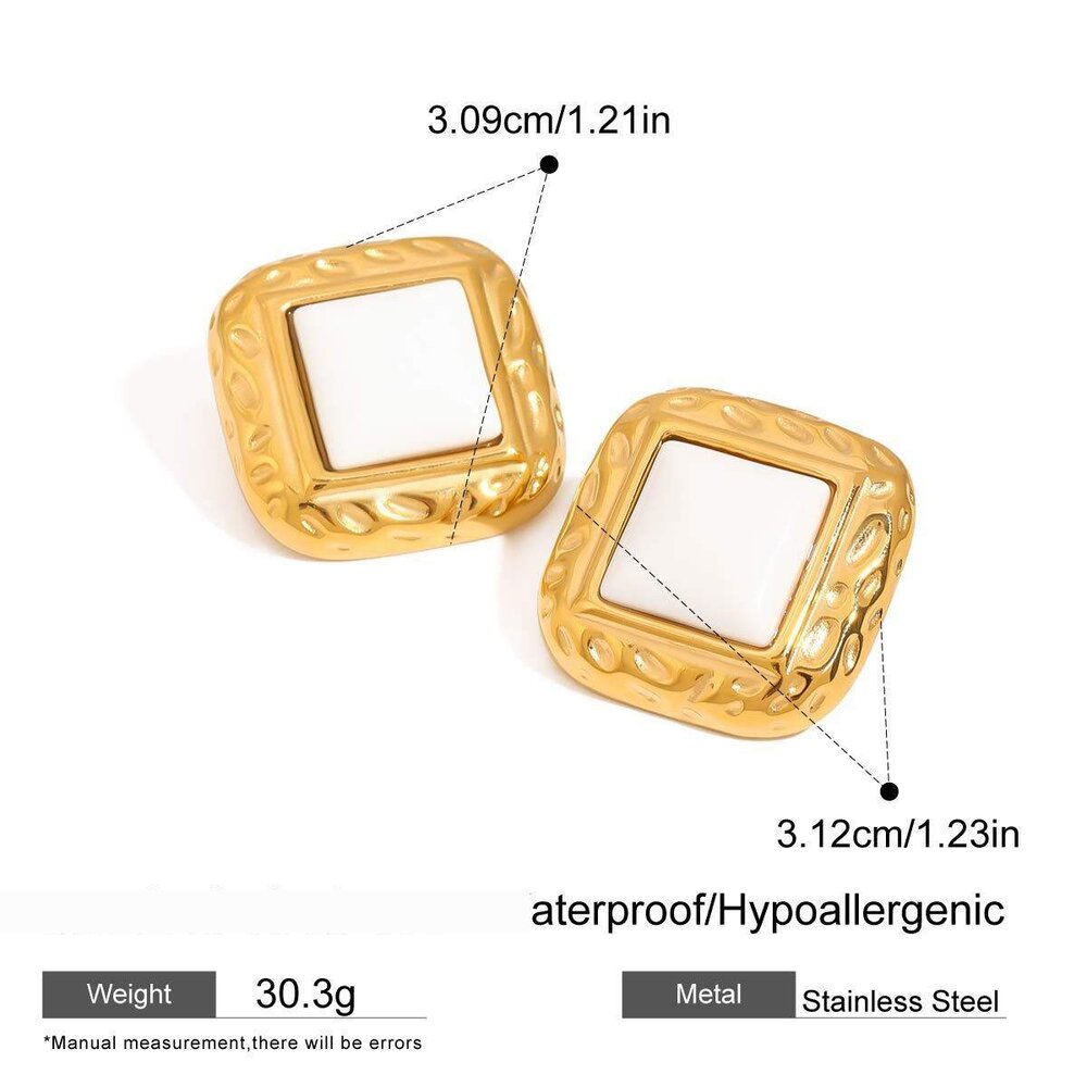 1 Pair Vogue Series Elegant Quadrilateral Hammered Texture Stainless Steel Waterproof Gold Color Women's Stud Earrings