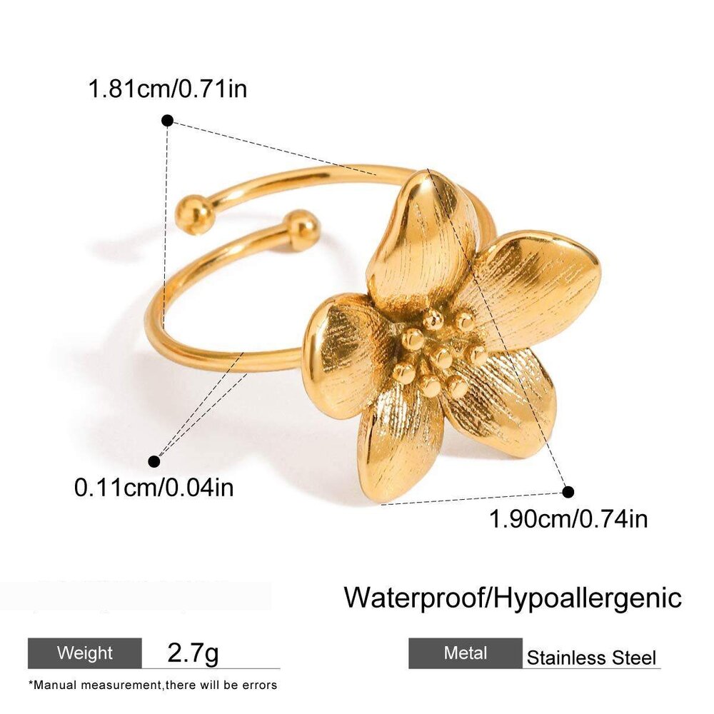1 Piece Romantic Series Elegant Delicate Flower Stainless Steel Waterproof Gold Color Women's Adjustable Rings
