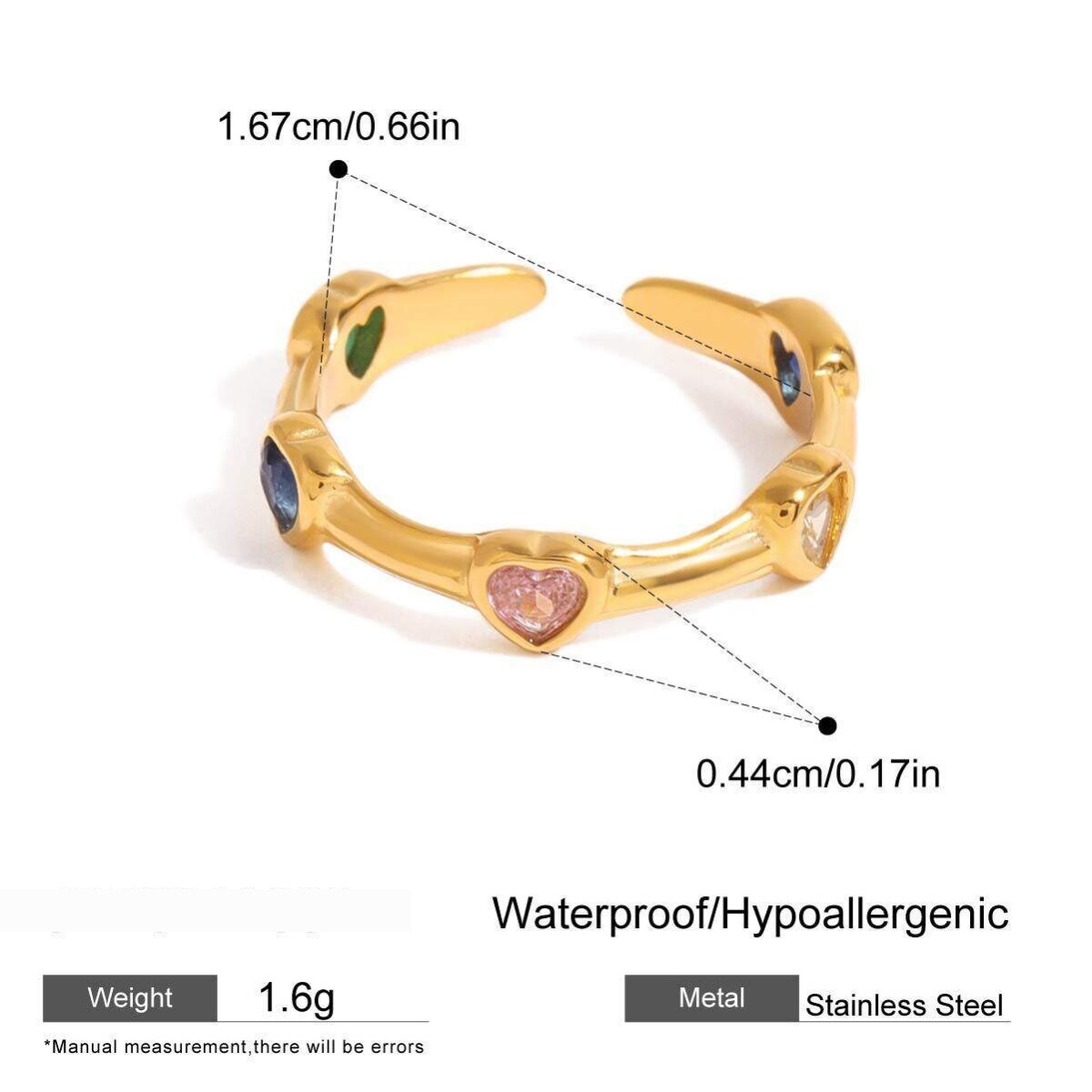 1 Piece Polychrome Series Fascinating Heart Shape Stainless Steel Waterproof Gold Color Women's Single Rings 