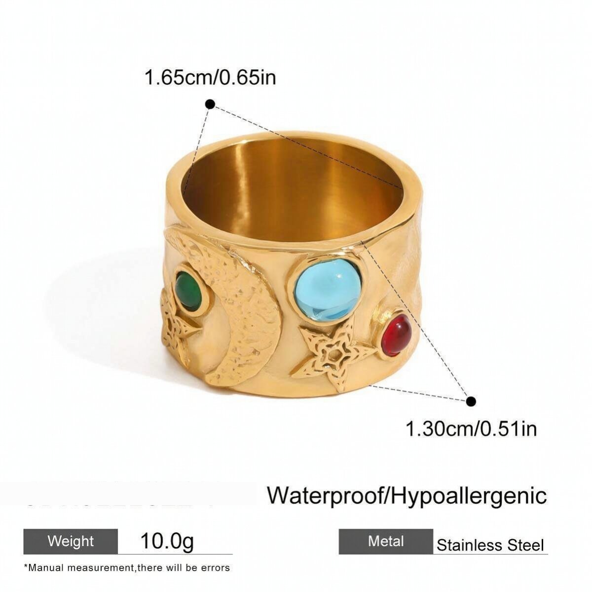 1 Stück Vintage-Serie Retro Bunte Mond Edelstahl Wasserdicht Goldfarben Damen Einzelring h5 