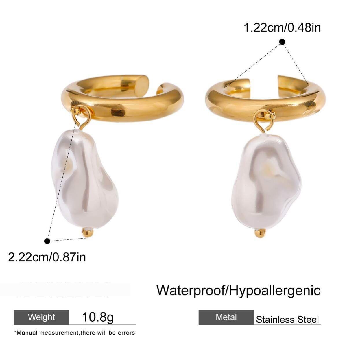 1 Pair Classic Series Elegant Irregular Round Stainless Steel Waterproof Gold Color Women's Ear Cuffs 