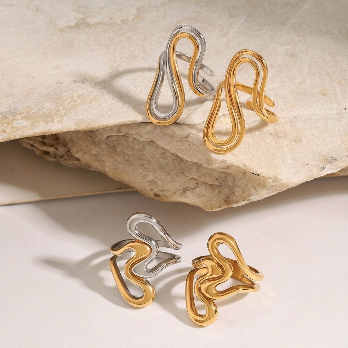1 Piece Daily Series Irregular Overlap Heart Shape Stainless Steel Waterproof Gold Color Women's Single Rings h5 Picture2