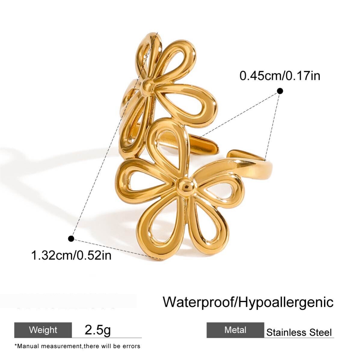 1 Piece Romantic Series Elegant Double Flowers Stainless Steel Waterproof Gold Color Women's Adjustable Rings 