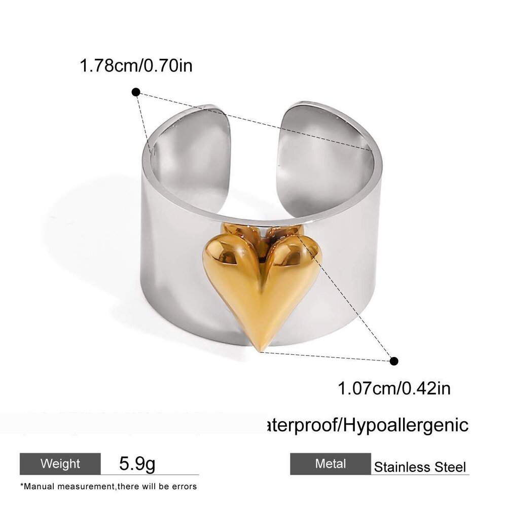 1 Paio Di Anelli Regolabili Da Donna In Acciaio Inossidabile Alla Moda, Impermeabili, Color Oro E Argento, Con Cuore D'Amore, Serie Romantica