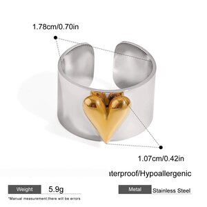 1 Paio Di Anelli Regolabili Da Donna In Acciaio Inossidabile Alla Moda, Impermeabili, Color Oro E Argento, Con Cuore D'Amore, Serie Romantica h5
