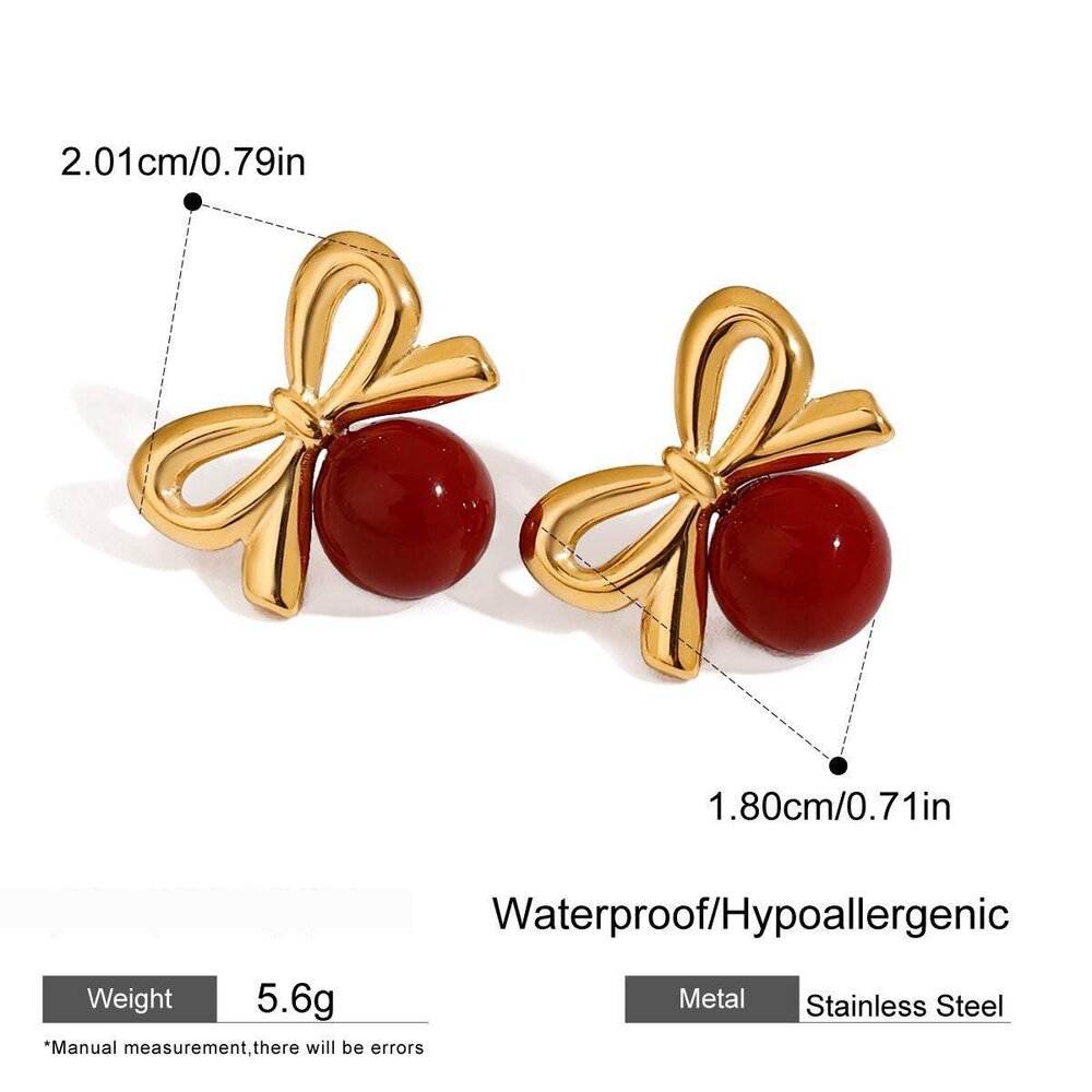 1 Pair Gorgeous Series Retro Bowknot Red Sphere Stainless Steel Waterproof Gold Color Women's Stud Earrings
