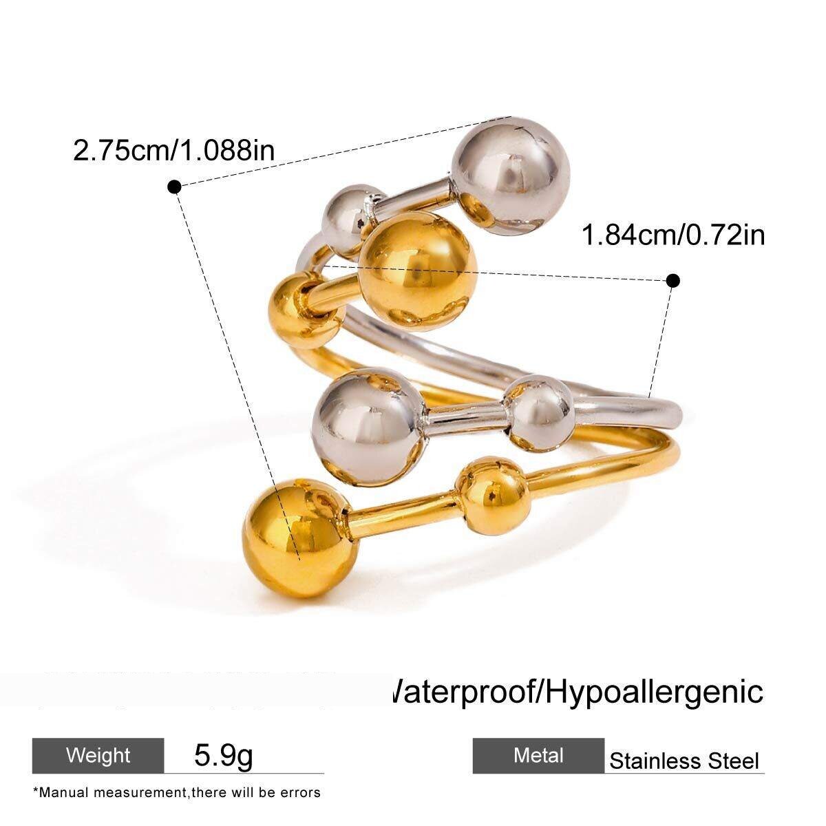 1 Piece Modern Series Vogue Irregular Stainless Steel Waterproof Gold And Silver Color Women's Adjustable Rings 