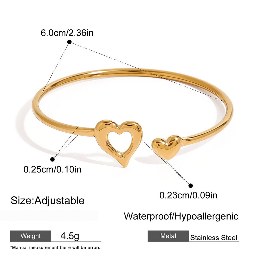 1 Piece Minimalist Series Classic Heart Shape Stainless Steel Waterproof Gold Color Adjustable Women's Bangles