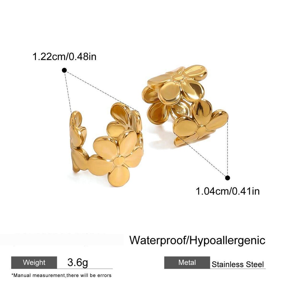 1 Pair Luxurious Series Gorgeous Flowers Stainless Steel Waterproof Gold Color Women's Ear Cuffs