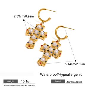 1 Paar Luxuriöse, Exquisite, Farbenfrohe Ohrhänger In Kreuzform Aus Edelstahl, Wasserdicht, Goldfarben, Für Damen h5