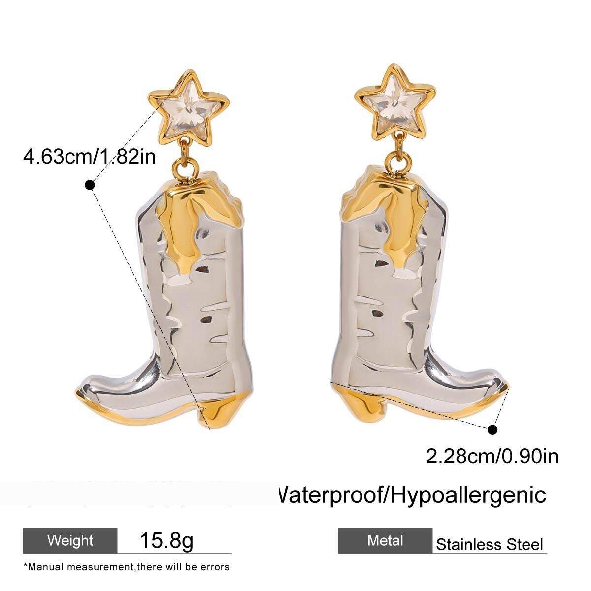 1 Pair Vintage Series Cowboy Boots Shape Star Stainless Steel Waterproof Gold And Silver Color Women's Drop Earrings h5 