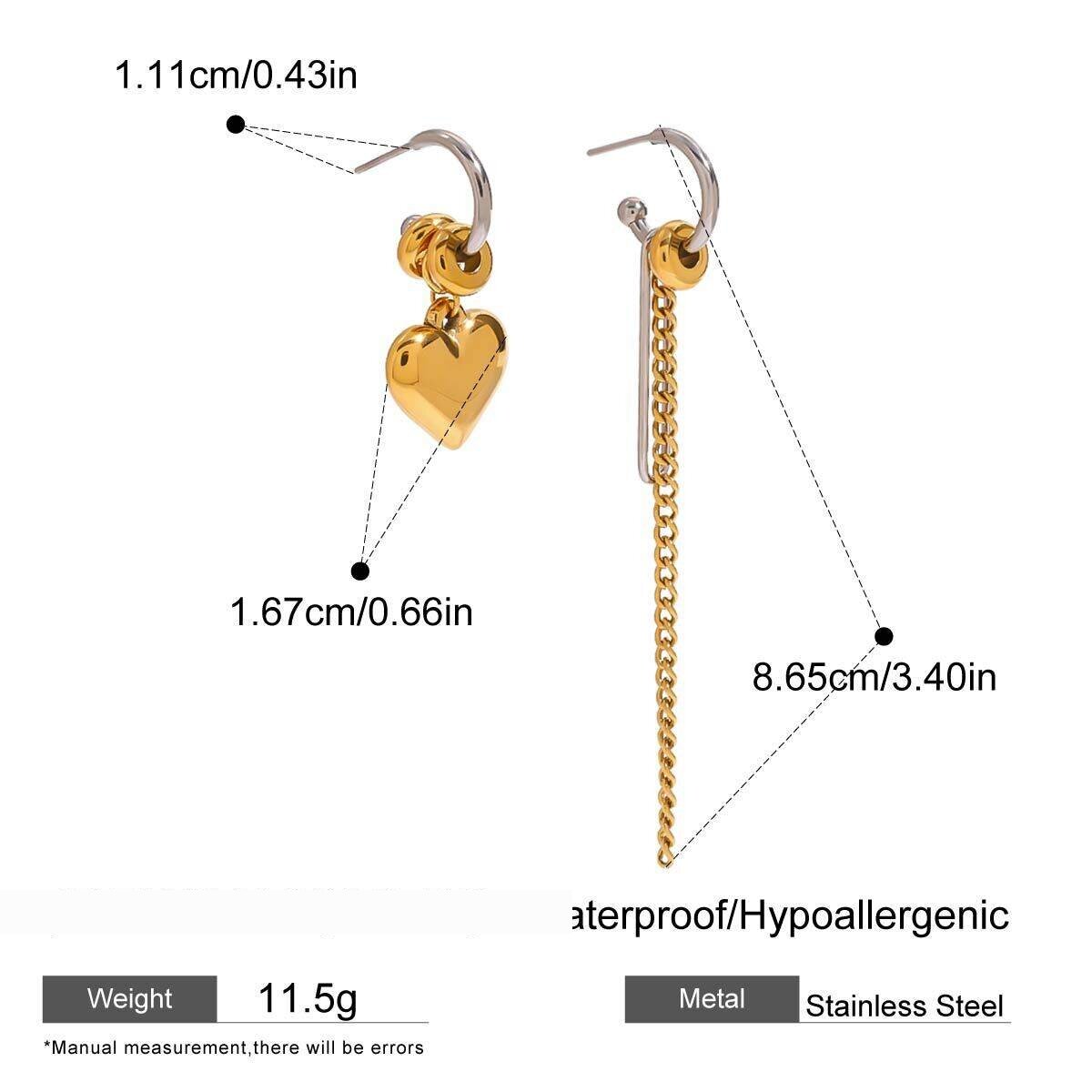1 Paar Asymmetrische Herzquasten-Ohrhänger Aus Edelstahl, Wasserfest, In Gold Und Silber, Schlichte Serie, Für Damen. 