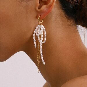 1 Pair Luxurious Series Elegant Bowknot Tassels Stainless Steel Waterproof Gold Color Women's Beads Earrings h5