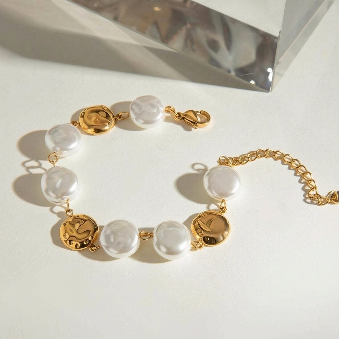 1 Stück Luxuriöses Retro-Armband Aus Edelstahl, Rund, Wasserdicht, Goldfarben, Mit Perlen Für Damen 
