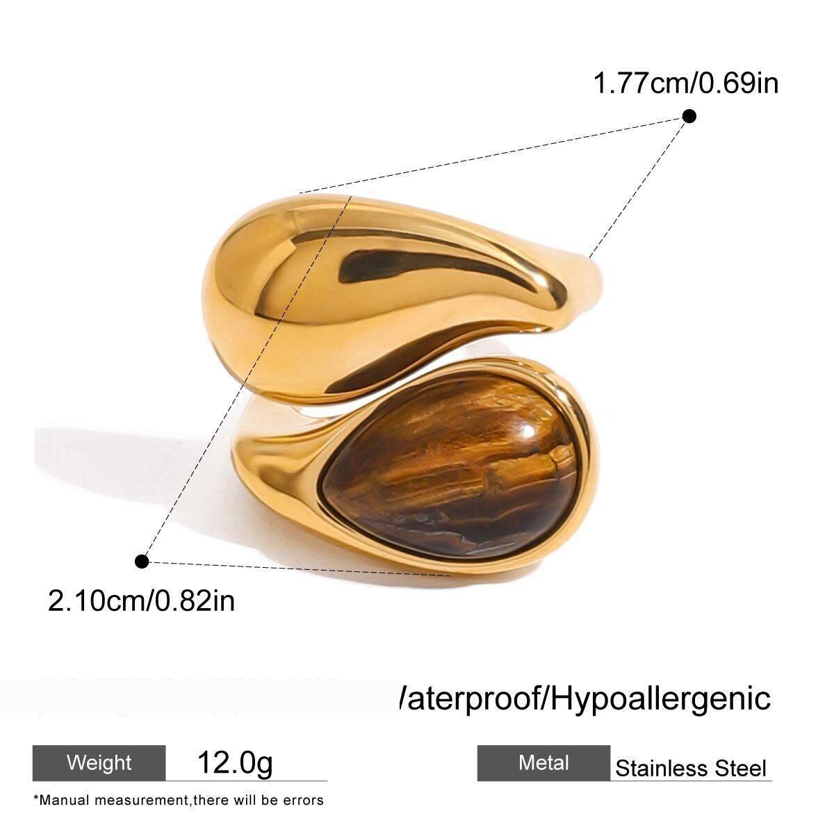 1 Piece Classic Series Natural Stone Droplet Shape Stainless Steel Waterproof Gold Color Women's Adjustable Rings Picture2