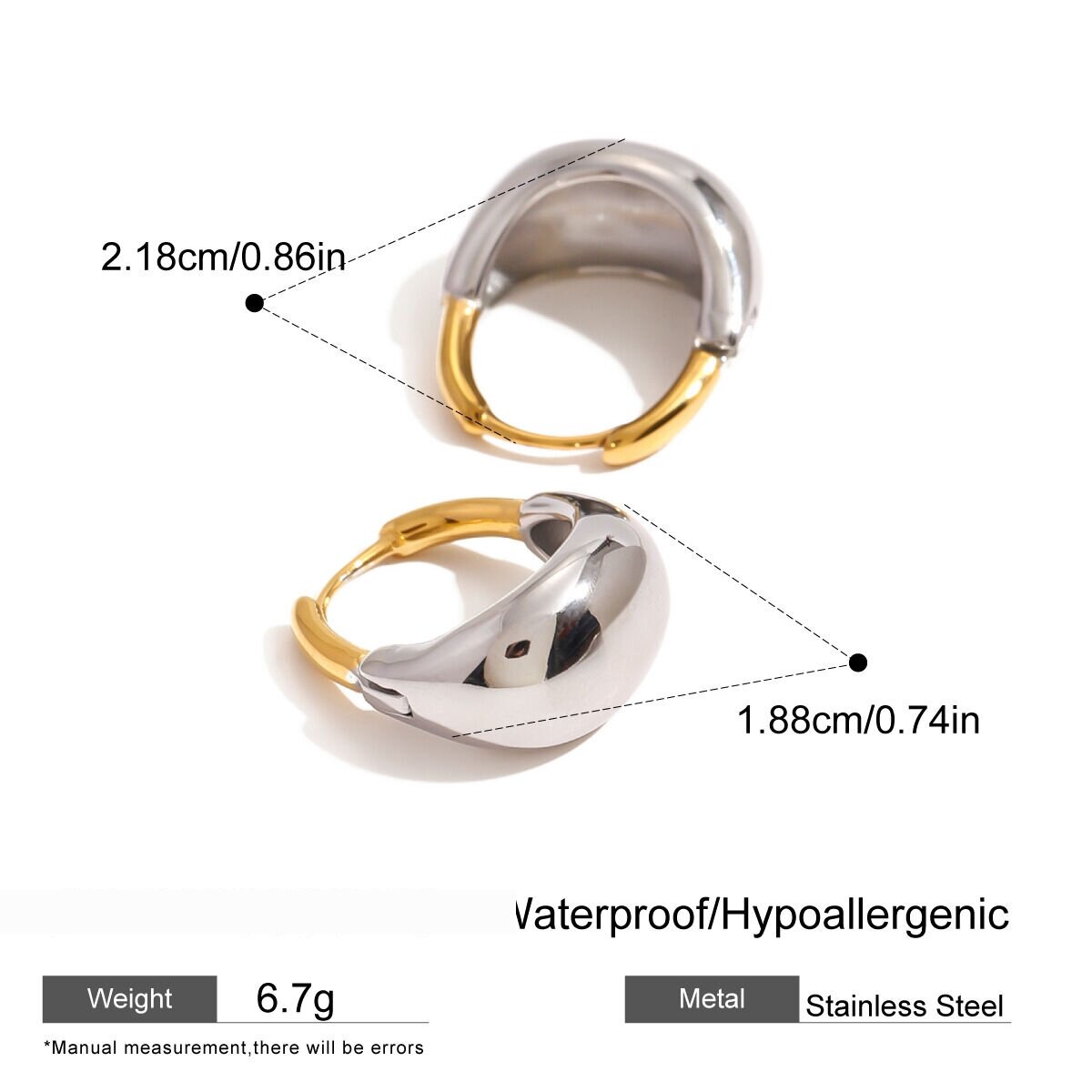 1 Pair Simple Series Casual Annular Stainless Steel Waterproof Gold And Silver Mixed Color Women's Hoop Earrings Picture2