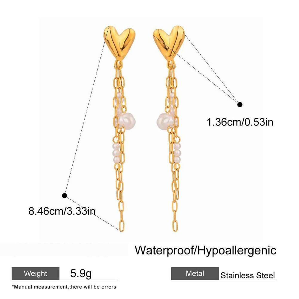 1 Pair Luxurious Series Sweet Heart Tassel Exquisite Stainless Steel Waterproof Gold Color Women's Beads Earrings Picture2