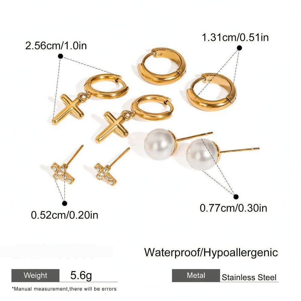 1 Pair Simple Series Elegant Cross Stainless Steel Gold Plated Rhinestone Women Earrings Set Picture2