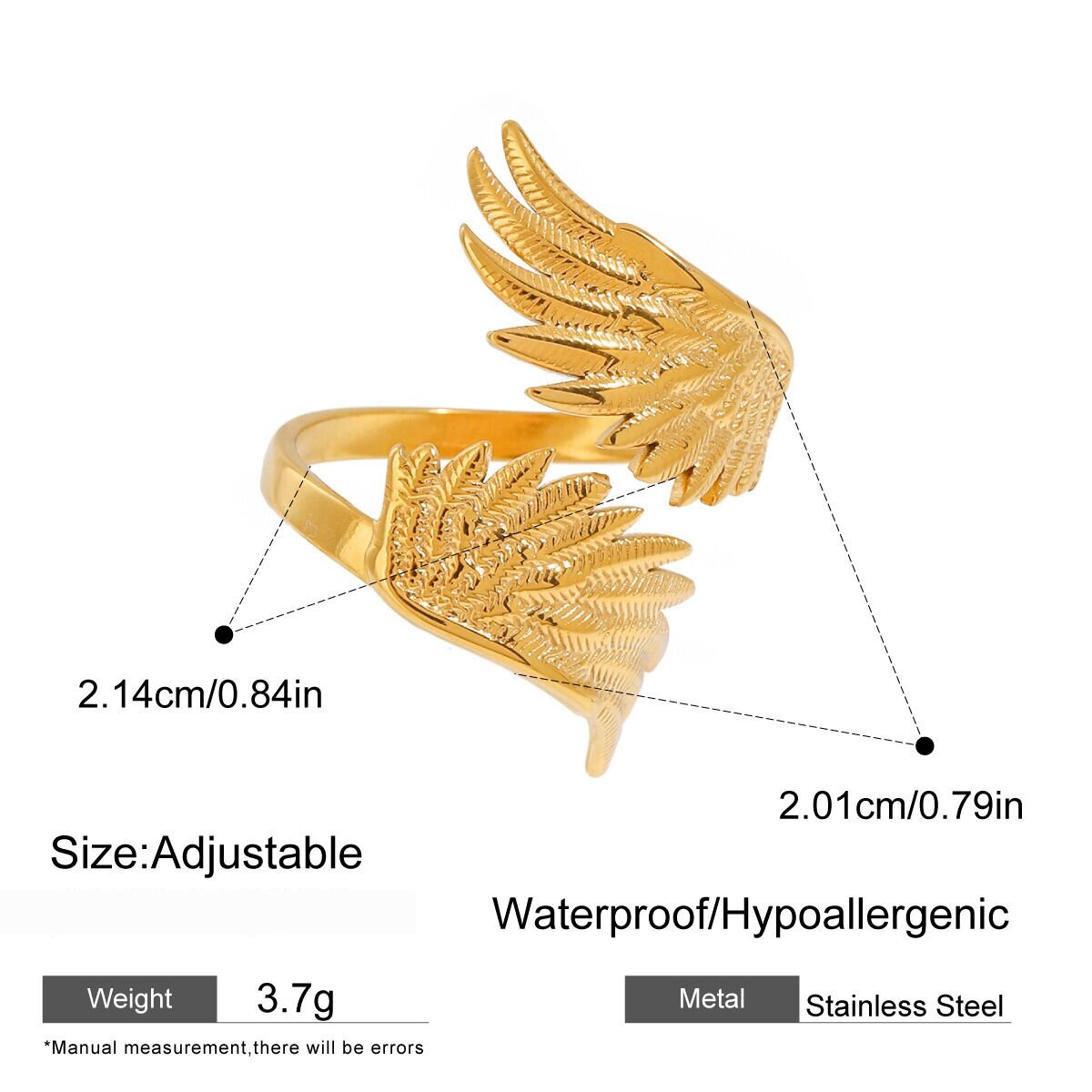 1 Pair Luxurious Series Retro Wing Stainless Steel  Gold Plated Women Adjustable Rings h5 