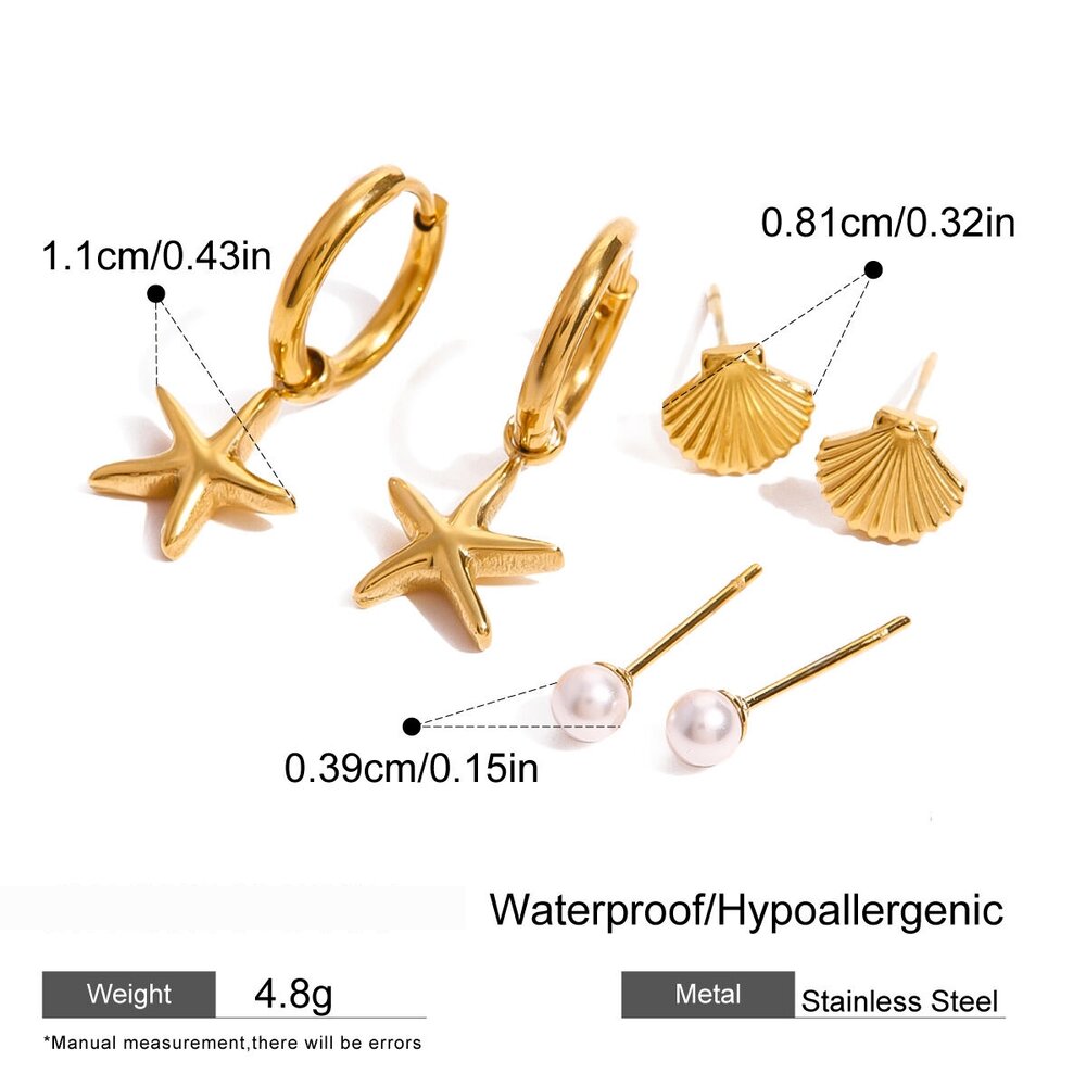 1 Pair Romantic Series Classic Starfish Stainless Steel Gold Plated Artificial Pearl Women Earrings Set Picture2