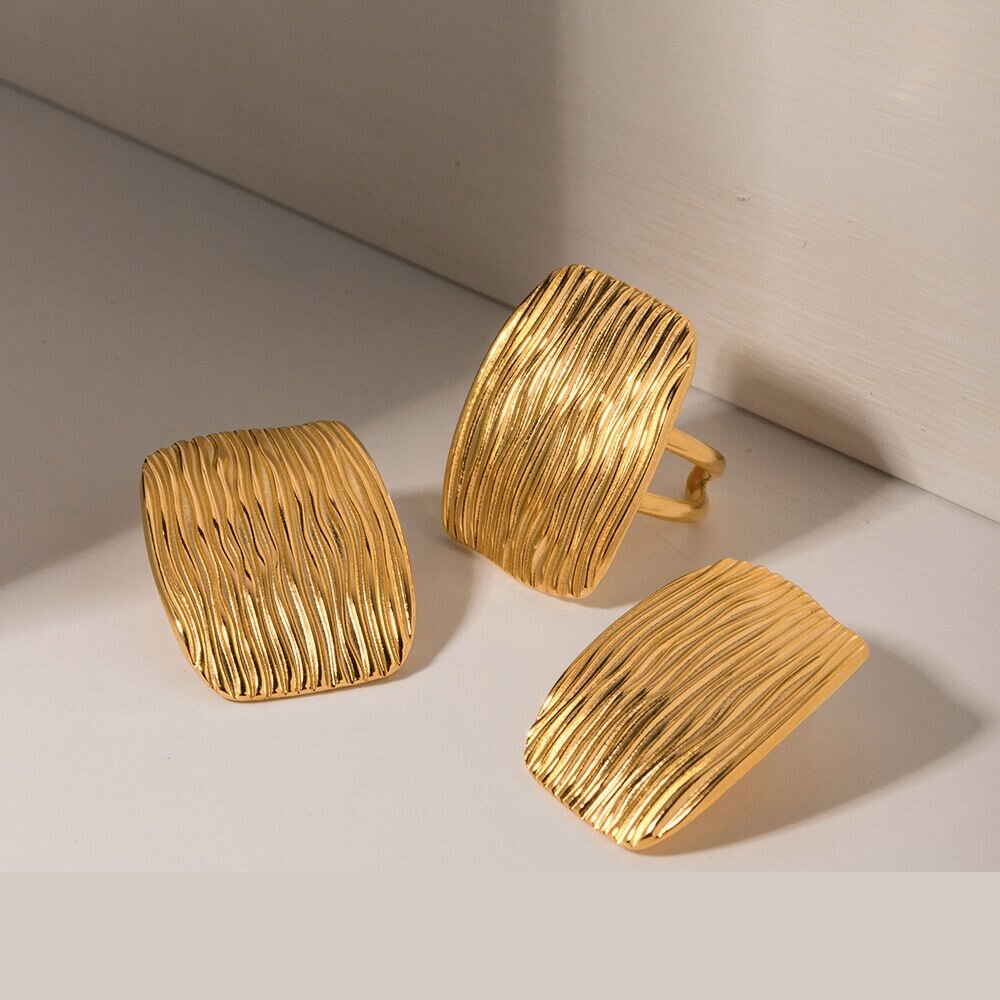 1 Pair Simple Series  Quadrilateral Stainless Steel  Gold Plated Women Single Rings h5 
