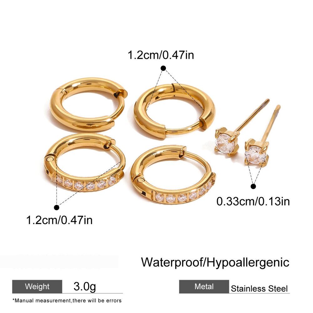 1 Pair Simple Series Round Stainless Steel Gold Plated Rhinestone Women Earrings Set Picture2
