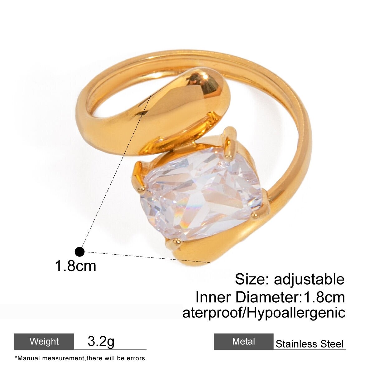 1 Piece Luxurious Series Irregular Stainless Steel Waterproof Gold Color Rhinestone Women's Single Rings h5 Picture2