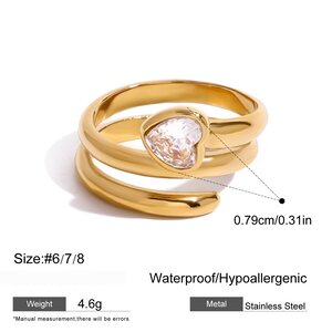 1 Piece Casual Heart Stainless Steel Waterproof Gold Color Zircon Women's Single Rings h5