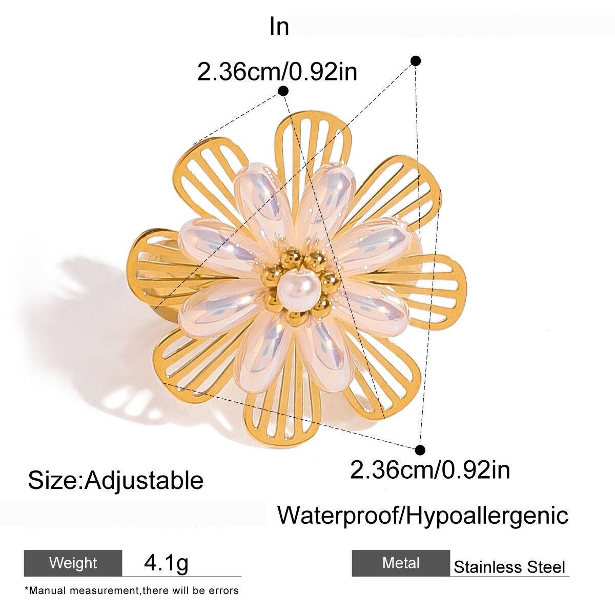 1 Pair Classic Series Retro Flower Stainless Steel  Gold Plated Artificial Pearl Women Adjustable Rings h5 Picture2