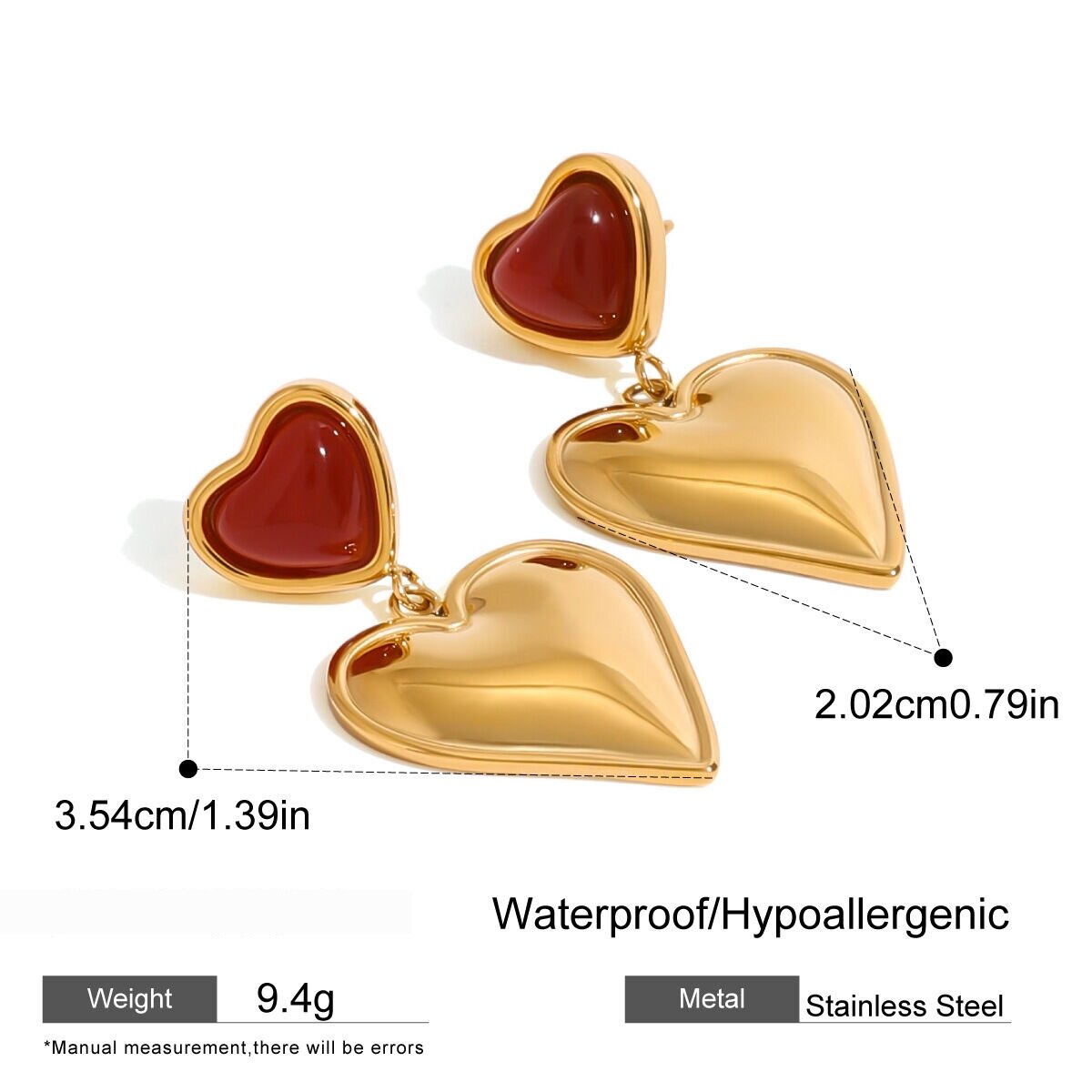 1 Par De Pendientes Colgantes De Acero Inoxidable Con Forma De Corazón, Chapados En Oro De 18 Quilates, Con Piedras Preciosas Artificiales Para Mujer. Imagen2