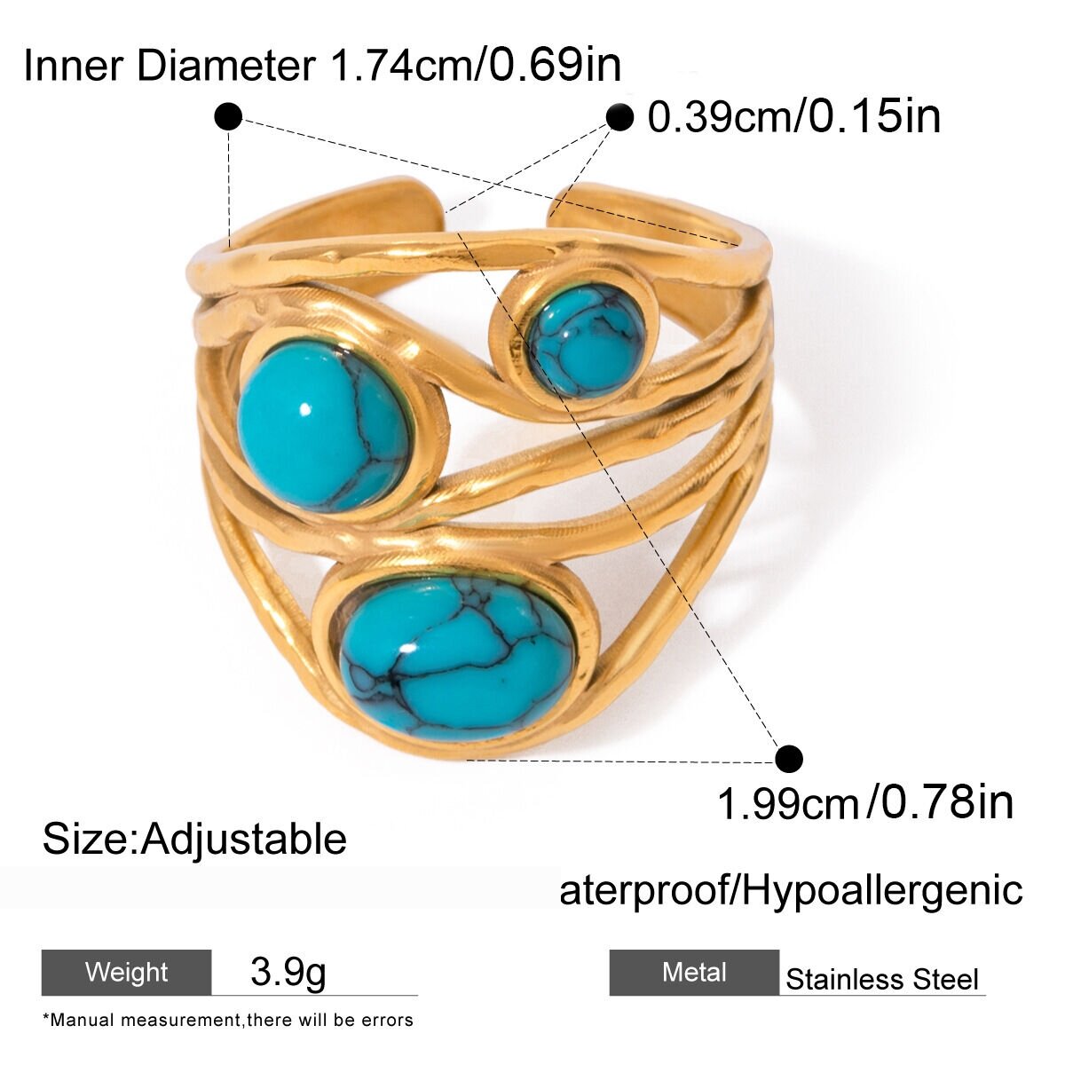 1 Pair Classic Retro Style Geometric Stainless Steel  Gold Plated Inlay Artificial Gemstone Women's Adjustable Rings h5 Picture2