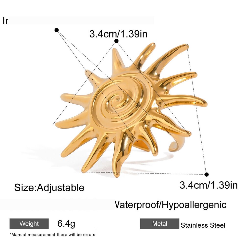 1 Piece Retro Sun Stainless Steel Waterproof Gold Color Women's Adjustable Rings h5Picture2