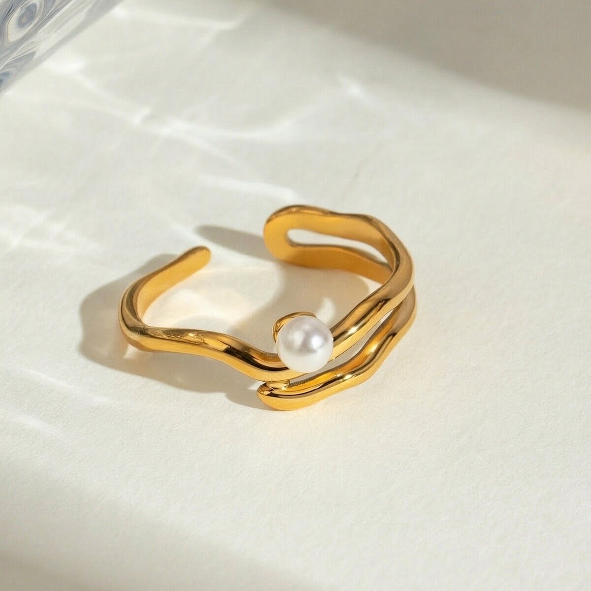 1 Pair Simple Series Simple Geometric Stainless Steel  Gold Plated Artificial Pearl Women Adjustable Rings 
