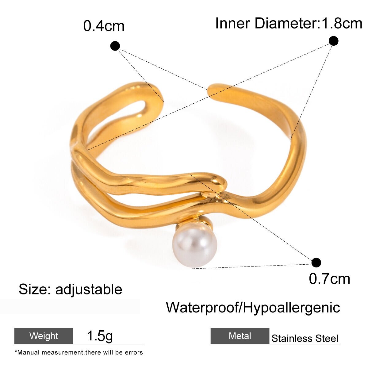 1 Pair Simple Series Simple Geometric Stainless Steel  Gold Plated Artificial Pearl Women Adjustable Rings Picture2