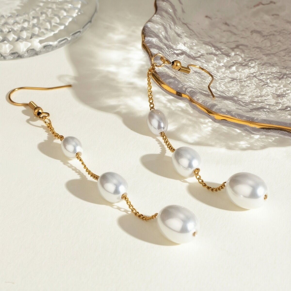 1 Pair Simple Series Elegant Tassel Stainless Steel  Gold Plated Artificial Pearl Women Beads Earrings h5 
