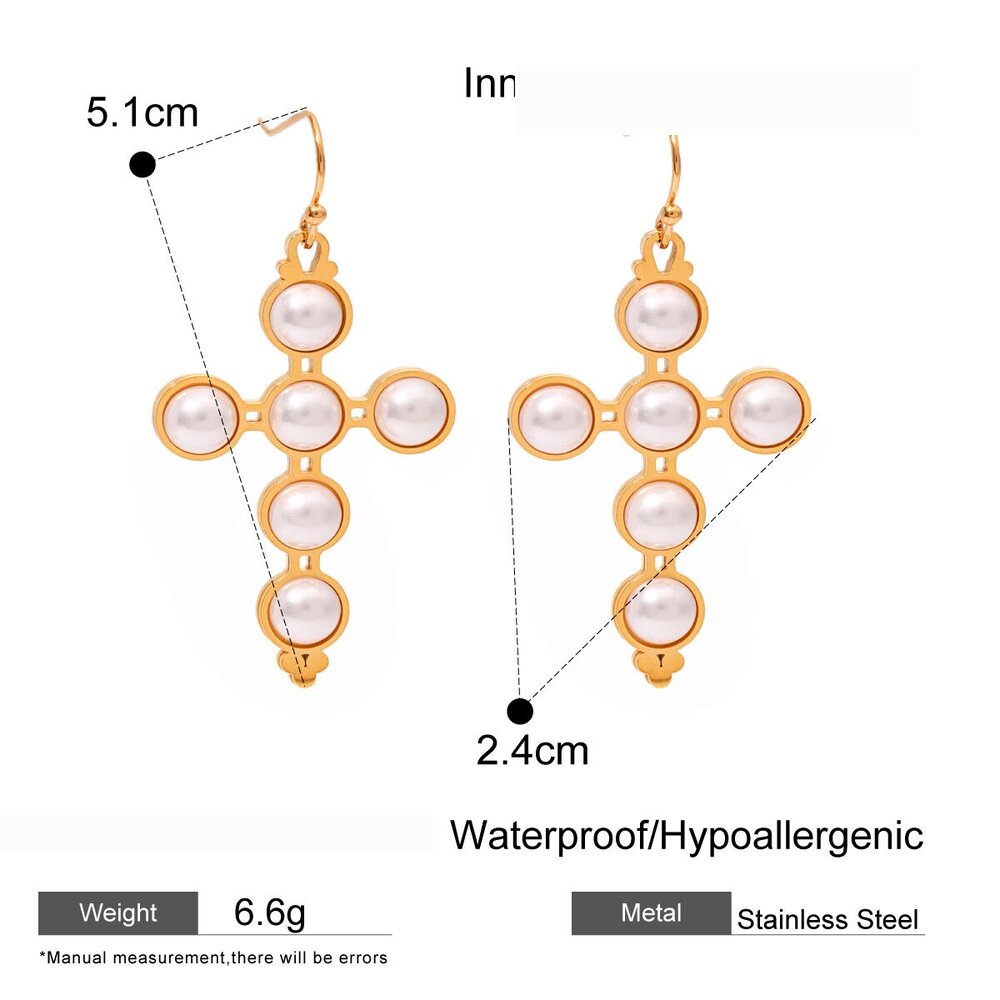 1 Pair Simple Series Retro Cross Stainless Steel Gold Plated Artificial Pearl Women Earrings Set Picture2