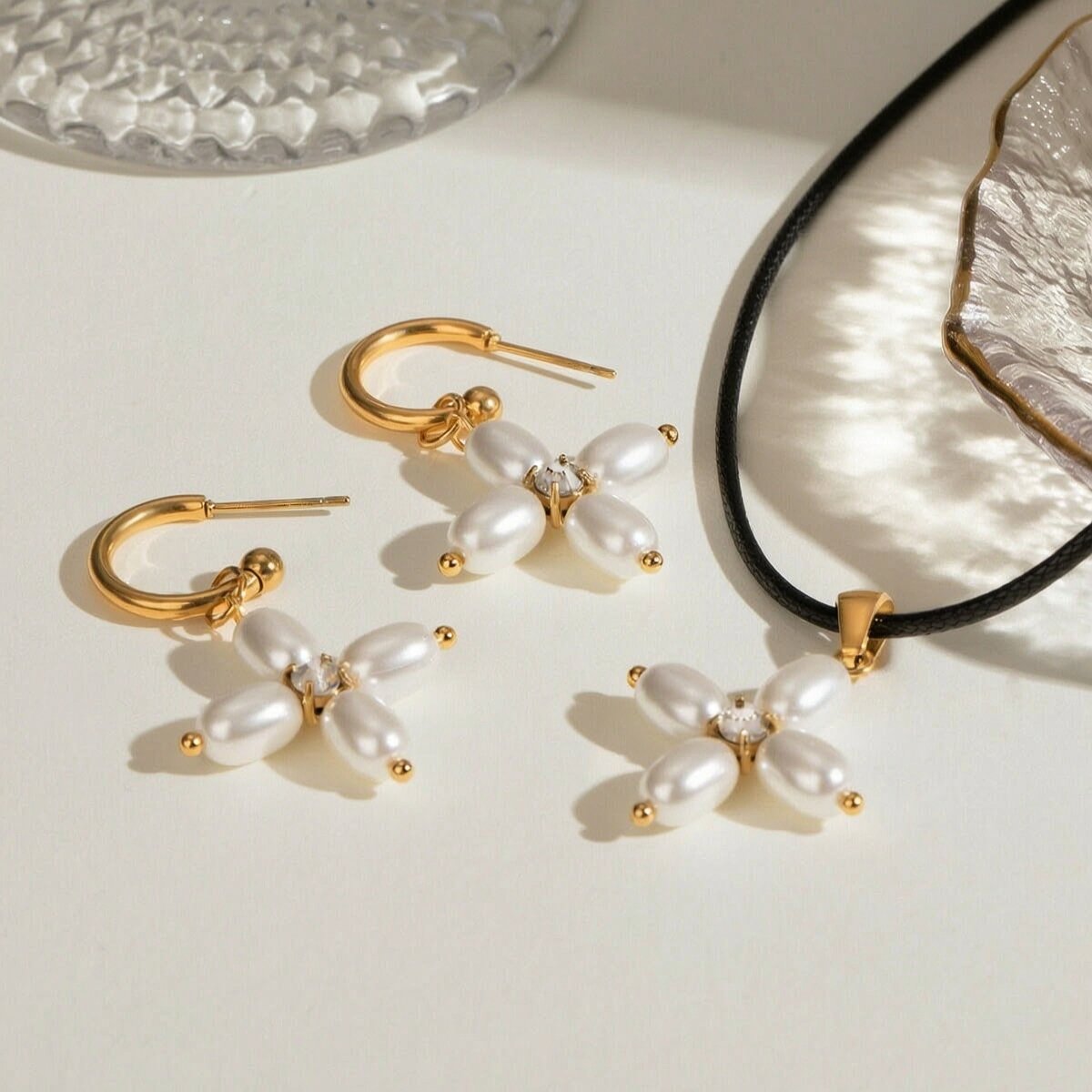 1 Pair Simple Series Elegant Cross Stainless Steel  Gold Plated Artificial Pearl Women Earrings Set h5 