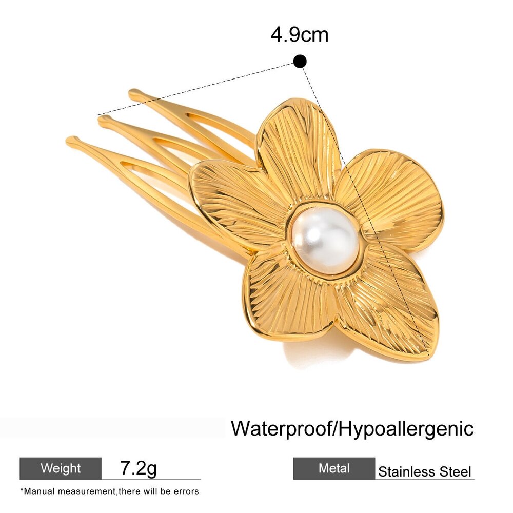 1 Paio Di Fermagli Per Capelli Da Donna In Stile Semplice Serie Fiore In Acciaio Inossidabile Placcato Oro Perla Artificiale h5Immagine2
