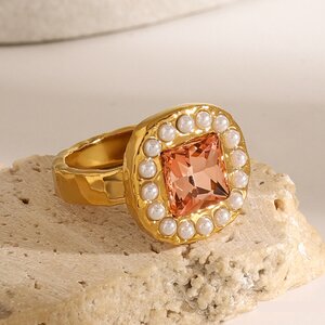 1 Pair Luxurious Series Retro Geometric Artificial Pearls Gold Plated Rhinestone Women Single Ring h5